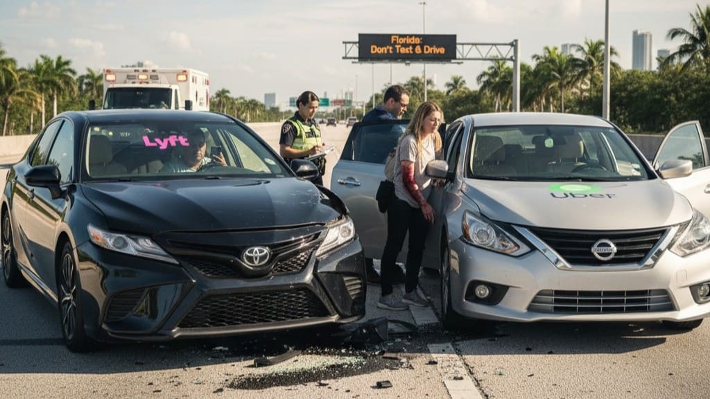 Rideshare accident caused by distracted Uber driver or negligent Lyft driver in Florida leading to personal injury.