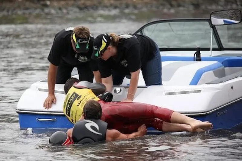 “Damaged boat on the water after a collision in Florida.”